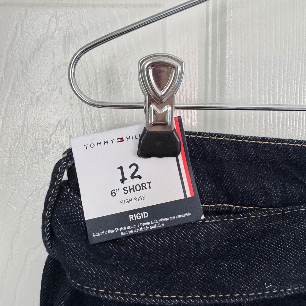 Tommy Hilfiger Denim Shorts Women 12 Dark Blue NWT High Rise Rigid Tie Waist - Picture 4 of 5